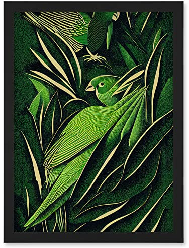 Wee Blue Coo Green Modern Vintage Retro Abstract Jungle Tropical Leaves Parrots Illustration Artwork Framed Wall Art Print A4