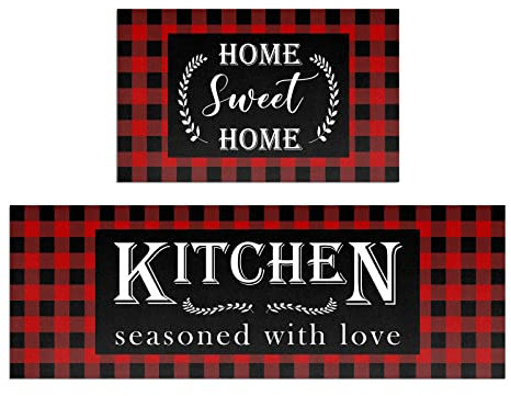 HOLVDENG Rot Buffalo Plaid Küchenmatten-Set mit 2 rutschfesten, dicken Küchenteppiche und Matten für Boden, bequeme Stehmatten für Küche, Spüle, Büro, Wäsche, 43,2 x 119,4 cm + 43,2 x 71,1 cm