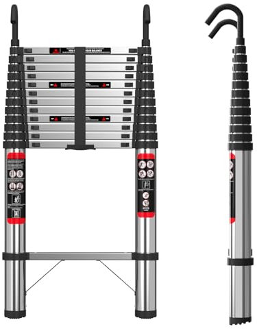 5M Telescoping Ladder with Hooks, Multifunction Stainless Steel Folding Ladder with 12-Step, Space Saving & Heigh Adjustable, ideal for Loft Access, Painting, Gutter Cleaning, RV, Roof Access