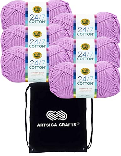 Lion Brand Yarn 24/7 Baumwolle 761-145 Orchidee | 6 Knäuel, gleicher Farbstoff, Projekttasche, CYC #4 gekämmt, 100 % merzerisierte Baumwolle, ideal zum Häkeln