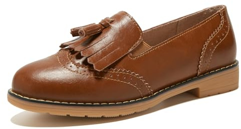 TRULAND Women's Penny Loafers Slip On Leather Wingtip Tassel Oxford Shoes (CN 39/5.5 UK,Brown Mary Jane)