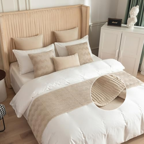 Morbuy 45x210cm Bettläufer mit 2 Kissen 45x45cm, Weicher Bettlaufer für Gästehaus Hotel Schlafzimmer Bettwäsche Tagesdecke Dekoration für 1.5m Bett -Beige