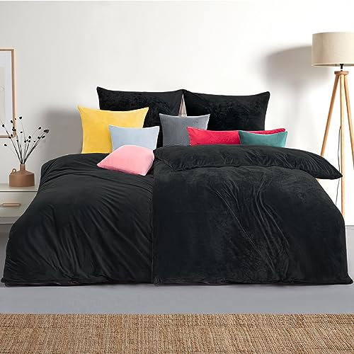 Soifox Winter Flanell bettwäsche 135 x 200 4teilig - Schwarz Flauschige und warme Cashmere Touch Bettbezug 2er Set + Kissenbezug 2er Set 80x80 cm mit Reißverschluss