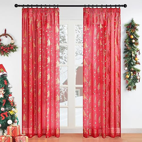 Topfinel Weihnachten Vorhänge mit Kräuselband Transparent Gardinen Wohnzimmer Vorhang Schlafzimmer Fenster Weihnachtsrot Gardine 2er Set 140x240cm (BxH)