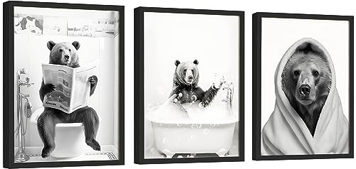 EXCOOL CLUB Bären-Badezimmer-Dekor – 30,5 x 40,6 cm, lustiger Bär-Wandkunst in Badewanne, schwarz-weiß, lustiges Badezimmer-Wandkunst-Poster, Vintage-Tier-Badezimmerbilder für WC-Dekoration