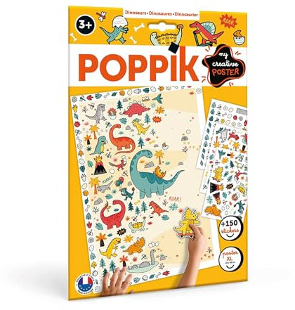 POPPIK 1841201 Sticker-Poster, Dinosaurier, Kreativposter mit ablösbaren Dino-Aufklebern, Stickerset zum Basteln, für Kinder ab 3 Jahren, 48 x 68 cm, Weiß