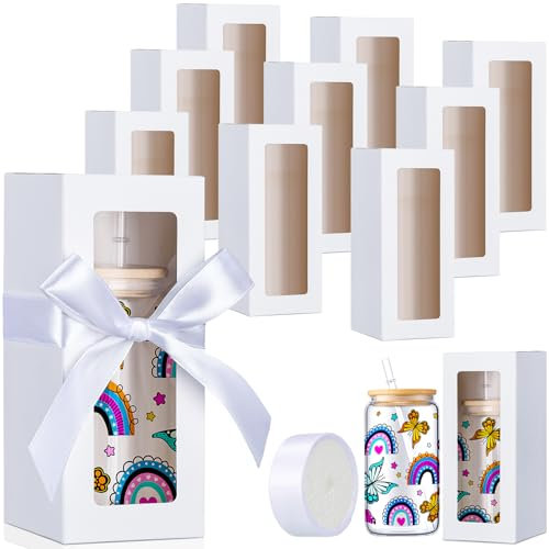 FillTouch 60 Pcs Gift Boxes with Ribbon for Sublimation Glass Exhibition Transparent Tumbler Gift Boxes for 12oz 16oz 20oz Glass Jar Shipping Packaging(White)