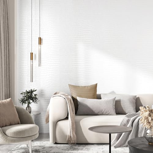 Yullpaper Klebefolie Weiß Matt Luxus Leder Textur Tapete Selbstklebend für Wand, Wohnzimmer, Schlafzimmer, Küchenschränke - Abwaschbare Möbelfolie 40cm X 300cm