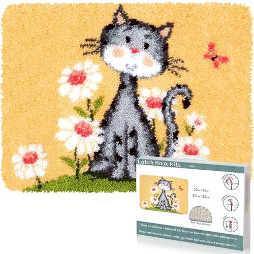 EsLuker.ly Knüpfhaken-Teppich-Set, DIY-Häkelteppich für Erwachsene, Kinder, Anfänger, Katzenmuster, vorgedrucktes Segeltuchgarn, Teppich-Hakensets, kreatives Basteln, Heimdekoration, ideal zum Lernen