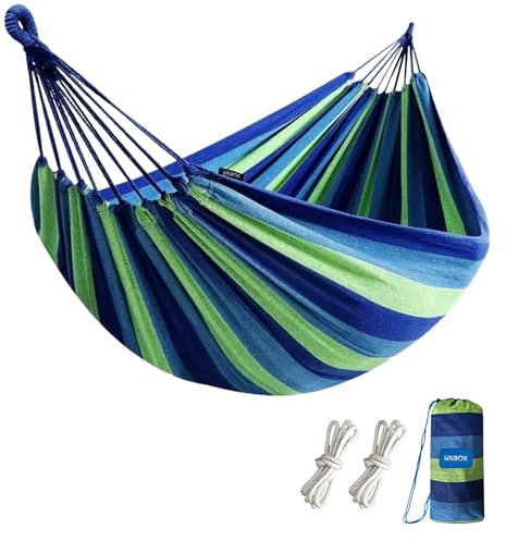 UNBOX Doppel Hängematte 260 x 180 cm, Outdoor Camping Hängematte, Befestigungsgurte und Tragetasch für Indoor, Balkon, Camping, Garten, Tragbar und Atmungsaktiv, Belastbarkeit bis 300 kg
