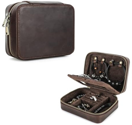Hiram Schmuckkästchen, Retro-Leder-Aufbewahrungs-Organizer für Ohrringe, Ringe, Halsketten, Armbänder, rechteckige Reise-Schmuckschatulle mit Make-up-Spiegel für Herren (Kaffee)