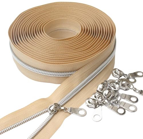 YaHoGa 9 m silberfarben endlos Reißverschluss Meterware Tan Reissverschluss 6mm-Spirale + 25 Nonlock-Zipper (silberfarben Tan)