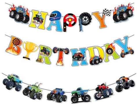 Happy Birthday Banner,Monster Truck Geburtstags-Banner Girlande Geburtstag Bunt für Erwachsene und Kinder Geburtstag Party Dekoration
