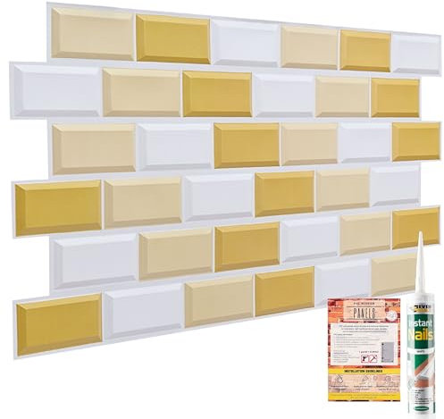 NOVECRAFTO 3D Wall Panels - 14 Sheets Covering 69.44 sqft (6.45 sqm) Decorative PVC Plastic Cladding Size - 37.79 x 18.89 in (96 x 48 cm) – Subway Tile Pattern in White, Gold, and Beige