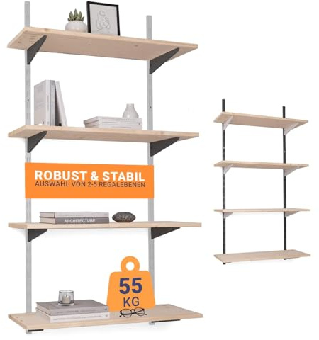 BOOMET · Wandregal Metall mit Boden · Regal in 46 Varianten · Höhe: 100 cm · 3 Ebenen in 80 x 30 cm (B x T) · Farbe: weiß/schwarz · Wandschienen Regalsystem · Regalträger Schienensystem
