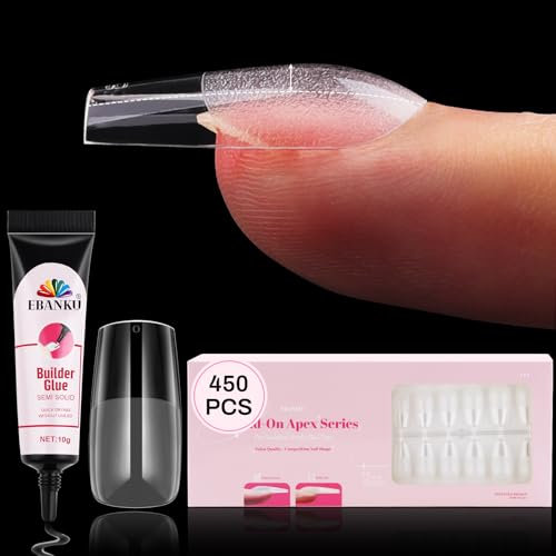 EBANKU Build on Apex Nail Tips 450PCS, Glamorous Pre-shape Medium Square Full Cover False Nail Clear Gel Tips Thicker Acrylic Nails Strong Extension with Quick Dry Bulider Glue