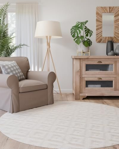Interiyou Teppich Wohnzimmer Lecce - 200x200 cm Rund Creme - Für Schlafzimmer, Esszimmer, Kinderzimmer - Kurzflorteppich skandinavisches Boho Muster - Hoch-Tief Effekt - Flach mit Geometrischem Muster