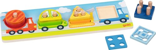 goki 58348 - Formensortierspiel Fahrzeuge aus Holz, Lernspiel für Kinder zur Förderung von Motorik, spielerisch Formen- und Farben Lernen, stapeln und zuordnen, 30cm x 10cm, 13-er Set, ab 1 Jahr