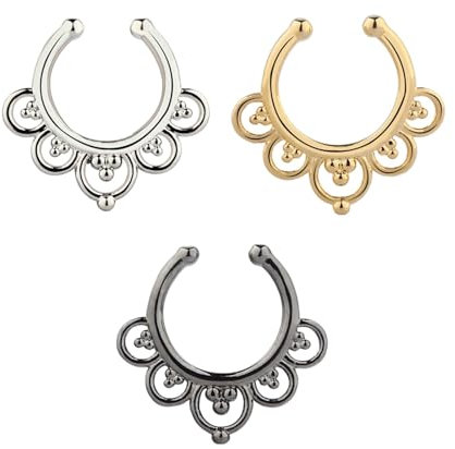 Tolldek 3 Stücke Magnet Piercing Nase, Legierung 1.6MM U Hufeisen Barbell Retro Muster Piercing Nasenring Dünn Bunt, Piercing Nasenflügel, Lippen Piercing Ringe Ohrringe Schmuck für Herren Damen