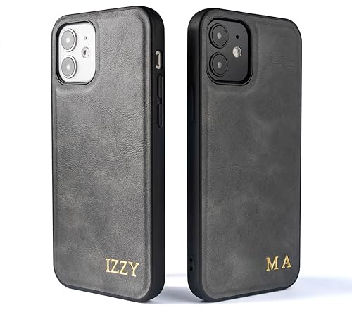 Quve - PU leather Phone case, Compatible with iphone 16 Personalised Custom Initials or Name Phone case, Leather cover (For iPhone 16, Grey)