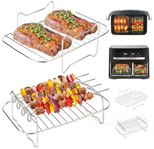 YYTECH Heißluftfritteuse Grillrost für Ninja AF300EU AF400EU-Serie, 2 Stück Luftfritteusenständer mit 4 Spießen, Air Fryer Rack Edelstahl Heißluftfritteuse Zubehör Mehrzweck-Luftfritteuse Zubehör