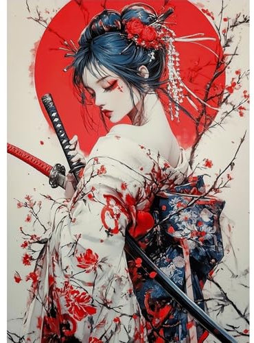 QENSPE Diamond Painting Kit pour Adulte Débutant, Femme Japonaises 5D Peinture Diamant Ronde Dots Diamant Painting Images, Samouraï Cristal Art Set pour Décoration Murale Maison Cadeau 30x40cm