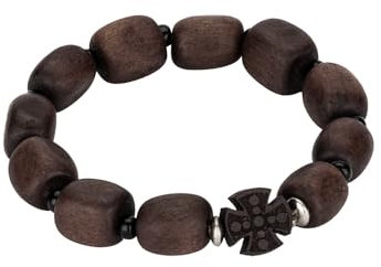 NKlaus Holzarmband mit Kreuz – 11-gliedriges Gebetsarmband aus dunklem Holz, elastisch, spiritueller Schmuck für Damen & Herren 16490