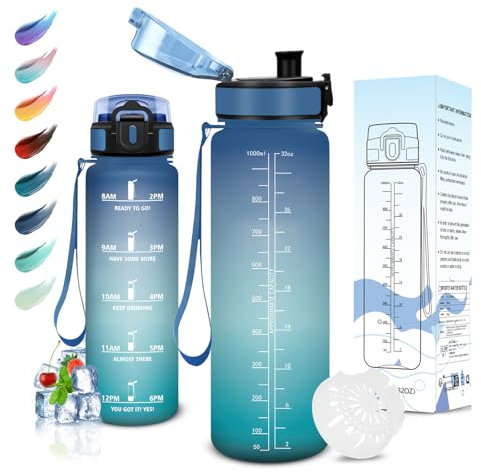 Motswedi Borraccia 1 litro, Senza BPA, Borraccia Palestra, Prova di Perdite, Borraccia Motivazionale, con Filtro, Borraccia Sportiva, Bottiglia Acqua per Scuola, Palestra, Ufficio, Yoga, Blu Verde