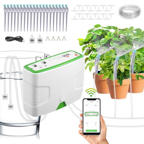 Automatic Plant Watering System, 50FT Wifi Smart Irrigation System Kit, APP Controlled Waterer Indoor Drip Irrigation Kit, Timer&Dual Charging, Water Alarm, Memory Function, Garden Irrigation System