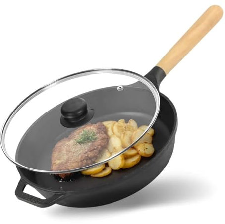 BRIZOLL Gusseisen Pfanne Ø28 cm mit Glasdeckel – Bratpfanne, Steakpfanne, Servierpfanne, Eisenpfanne, Gußeisenpfanne Griff abschraubbar – alle Herdarten: Induktion, Gas, Elektro, Ofen, Grill, Camping
