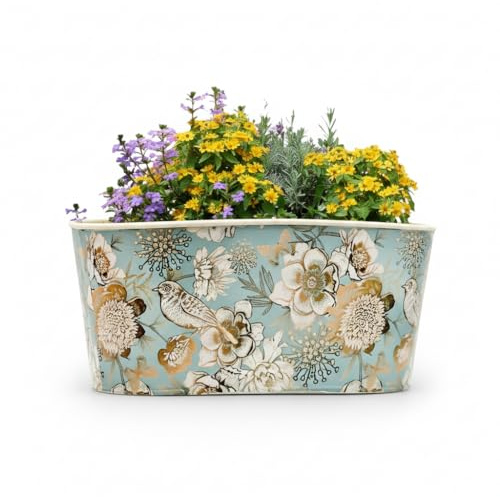 The Happy Garden Galvanised Birdie Indoor Plant Pot – Oval Planter with Floral & Bird Design, Indoor Outdoor Flower Pot – 10x5.5x4, Vintage Decorative Plant Container