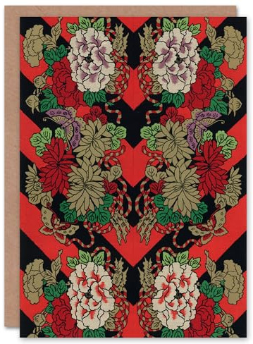 Artery8 G A Audsley Art Card Japanese Red Fan Floral Pattern
