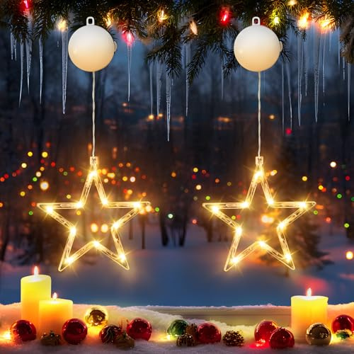 FLSEPAMB LED Sterne Fenster Weihnachtsbeleuchtung 2 Stück, Stern Warme Lampen, Lichterkette Weihnachten mit Saugnapf, Fenster Lichter Deko für Weihnachten