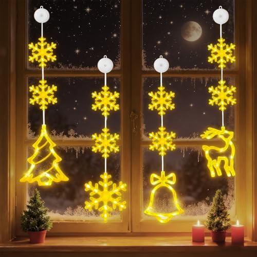 Weihnachtsbeleuchtung Innen 4 Stück Weihnachtsbeleuchtung Fenster mit Saugnäpfe 3 Modi Fenster Fensterdeko Weihnachten Beleuchtet mit Saugnapf Lichterkette Batteriebetriebene (nicht enthalten)