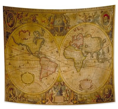 YONGFOTO 220x190cm Alte Weltkarte Wandteppich Antike Klassische Weltkarte Geographisch Groß Wandbehang Berühmte Westliche Porträts Erde Decke für Wohnzimmer Wohnheimdeko Sofa Teppich