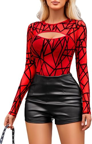 Avidlove Damen Sexy Body Mesh Top Langarm Oberteil Netz Festival Outfit | Mit Snap Crotch,Elegant Curvy,Transparent,Rundhals Design,Stilvoll Vielseitig,Mode-Mesh,Rave Party Club