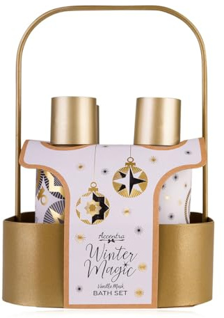 Accentra Badeset WINTER MAGIC im Metallkorb mit Tragegriff, 4-teiliges Wellness Geschenkset für Frauen mit Duschgel, Bodylotion, Schaumbad & Badesalz, Duft Vanilla Musk, festliches Weihnachtsset