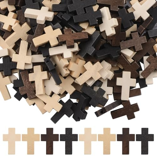 WANDIC Kleine Holz-Kreuz-Perlen, Taschenkreuz-Anhänger für christliche Geschenke, Großpackung, religiöse Schmuckherstellung, handgefertigter Anhänger zum Basteln, 200 Stück