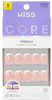 KISS CORE French Tip Press On Nails, ‘Snapshot’, White, Short Squoval, Includes 32 Nails, 2g Glue,1 Manicure Stick,1 Mini File