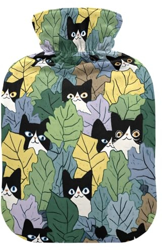 Cute Black Cat Leaf Hot Water Bottle with Velvet Cover Hot Water Bag for Pain Relief 1L, Neck Cramps Shoulders Pain Relief, Hot Cold Pack