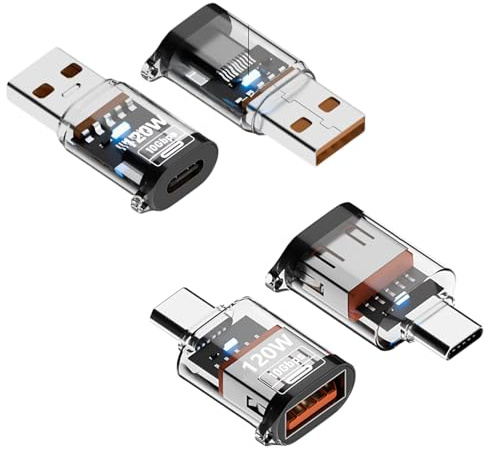 Leloco USB C auf USB Adapter Set, 10Gbps 120W PD für Laptop & Handy | 4 Stück (2x USB-A auf USB-C, 2x USB-C auf USB-A). Transparentes Design mit OTG & Plug & Play. Ideal für MacBook und Tablets.