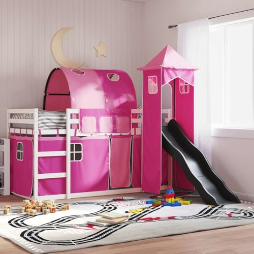 KTHLBRH Pink Wooden Bunk Bed with Slide and Curtains 90x190 cm Single Size, Solid Pine Construction with Safety Guardrails and Sturdy Slats, Fun Playhouse Design for Space Saving