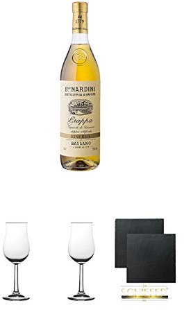 Nardini Grappa Aquavite Riserva 50% Italien 1,0 Liter + 2 Bugatti Nosing Gläser mit Eichstrich 2cl und 4cl + 2 Schiefer Glasuntersetzer eckig ca. 9,5 cm Ø