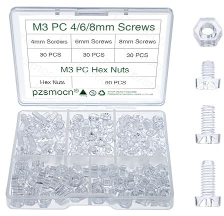 Pzsmocn 180 Stück M3*4mm/M3*6mm/M3*8mm PC Transparenter Kunststoff Kreuzschlitz Rundkopfschrauben und Sechskantmuttern-Satz, für Heimwerkerarbeiten, Modelle, Befestigung Elektronischer Produkte.
