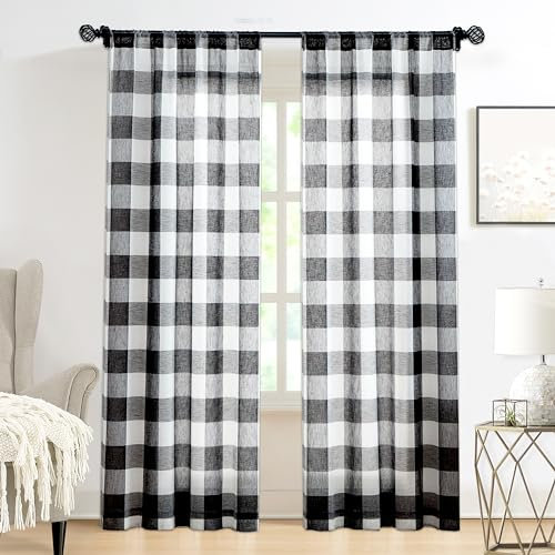 Amzdecor Buffalo Plaid Vorhänge, Bauernhaus-Paneele, schwarz-weiß, Leinenstruktur, durchscheinend, kariert, Stangentasche, 101.6x150.2 cm, Schwarz und Weiß