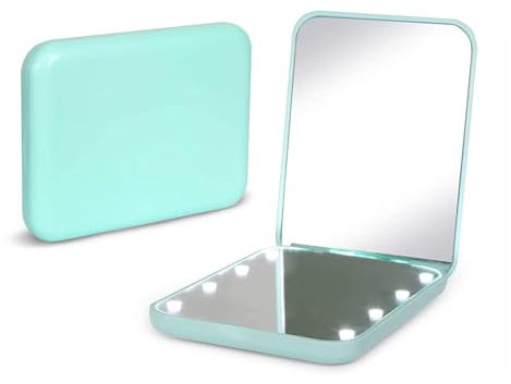 Kintion Pocket Mirror, 1X/3X Magnification LED Compact Travel Makeup Mirror with Light for Purse, 2-Sided, Portable, Folding, Handheld, Small Lighted Mirror for Gift, Cyan