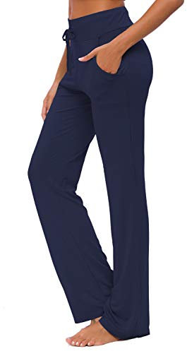 OURCAN Damen Yoga Hose Mit Taschen Breites Bein Kordelzug Lose Gerade Lounge Laufen Workout Modale Hose Aktive Freizeit Jogginghose (Marine Blue, M)
