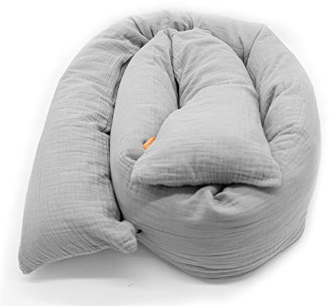 Mizali - Kuschelschlange 150 cm - mit Reißverschluss - abnehmbarer Musselin Bezug - waschbar - Kantenschutz Kinderbett (150cm Hellgrau)