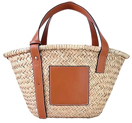 JAYAVENTURA Straw Basket Tote Bag for Women PU Leather Strap Hollow Woven Top Handle Straw Purses and Handbags, Brown-14in-medium, M, fashion