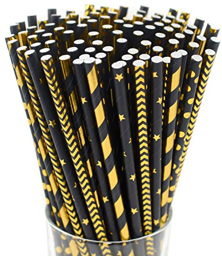 KEDON Black Gold Straws, Metallic Gold Paper Straws 100 - Striped Star Gold Cake Pop Sticks, Disposable Drinking Straws for Cocktails Bar Wedding Birthday Party Graduation Straws, Crafts